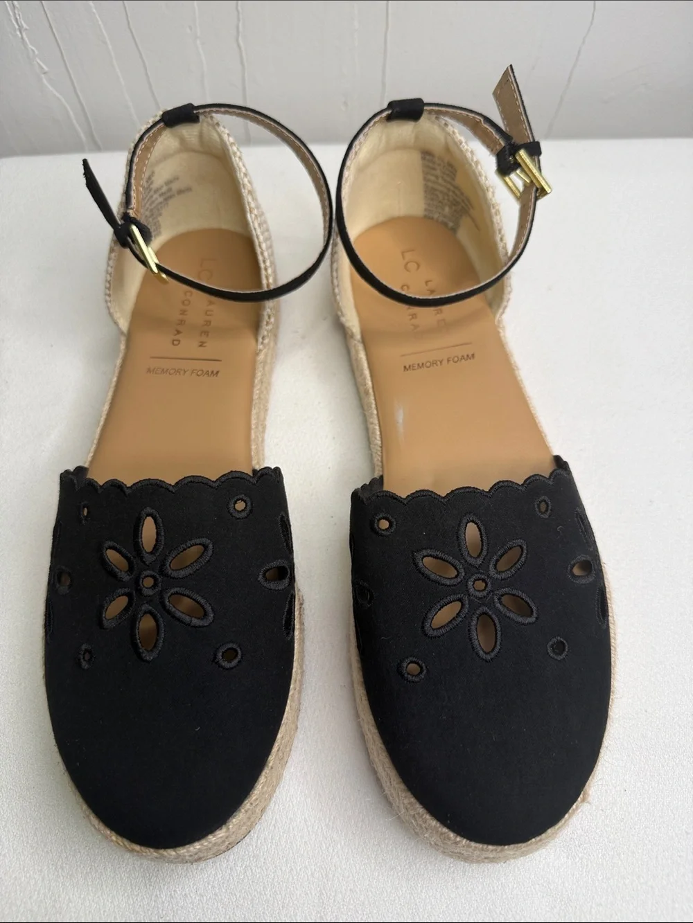 LC Lauren Conrad Black Floral Cutout Espadrille Flats with Ankle Strap
